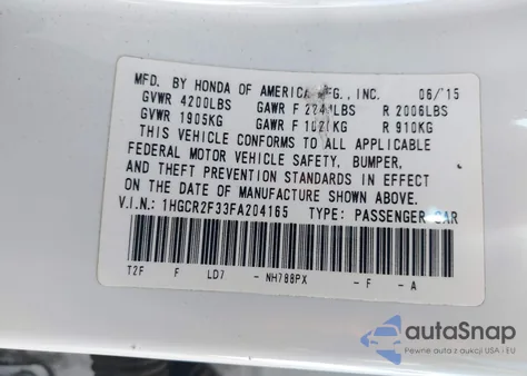 2015 Honda Accord Lx z USA, uszkodzony, nr VIN 1HGCR2F33FA204165
